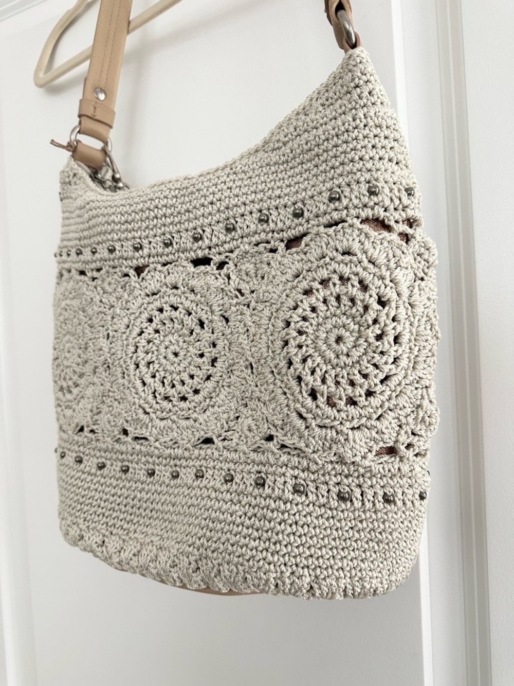 The Sak Sequoia Cream & Tan Crochet Leather Hobo Shoulder Bag with Bag Charm - Picture 13 of 17